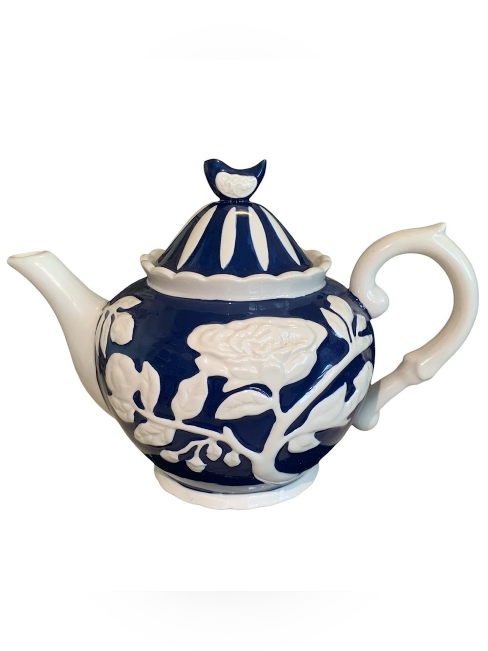Cracker Barrel Vintage Blue & White Embossed Floral Stoneware Teapot With Lid